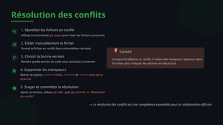 Résolution des conflits
1. Identifier les fichiers en conflit
Utilisez la commande git status pour lister les fichiers concernés
2. Éditer manuellement le fichier
Ouvrez le fichier en conflit dans votre éditeur de texte
3. Choisir la bonne version
Décidez quelle version du code vous souhaitez conserver
4. Supprimer les marqueurs
Retirez les lignes <<<<<<< HEAD, ======= et >>>>>> nom-de-la-
branche
5. Stager et committer la résolution
Après correction, utilisez git add . puis git commit -m "Résolution
du conflit"
Conseil
Lorsque Git détecte un conflit, il insère des marqueurs spéciaux dans
le fichier pour indiquer les sections en désaccord.
→ La résolution des conflits est une compétence essentielle pour la collaboration efficace
 