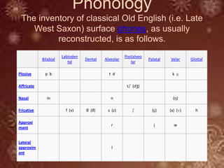 Phonology
The inventory of classical Old English (i.e. Late
West Saxon) surface phones, as usually
reconstructed, is as follows.
Bilabial
Labioden
tal
Dental Alveolar
Postalveo
lar
Palatal Velar Glottal
Plosive p b t d k ɡ
Affricate tʃ (dʒ)
Nasal m n (ŋ)
Fricative f (v) θ (ð) s (z) ʃ (ç) (x) (ɣ) h
Approxi
mant
r j w
Lateral
approxim
ant
l
 