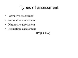 Types of assessment
• Formative assessment
• Summative assessment
• Diagnostic assessment
• Evaluation assessment
BY(CCEA)
 