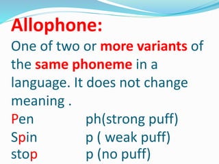 Allophone:
One of two or more variants of
the same phoneme in a
language. It does not change
meaning .
Pen ph(strong puff)
Spin p ( weak puff)
stop p (no puff)
 