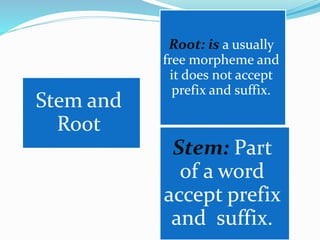 Stem and
Root
Root: is a usually
free morpheme and
it does not accept
prefix and suffix.
Stem: Part
of a word
accept prefix
and suffix.
 