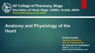 Anatomy and Physiology of the
Heart
KUSHAL KUMAR
ASSOCIATE PROFESSOR
DEPT. OF PHARMACOLOGY
ISF COLLEGE OF PHARMACY
WEBSITE: - WWW.ISFCP.ORG
EMAIL:KUSHAL1KUMAR@GMAIL.COM
ISF College of Pharmacy, Moga
Ghal Kalan, GT Road, Moga- 142001, Punjab, INDIA
Internal Quality Assurance Cell - (IQAC)
 