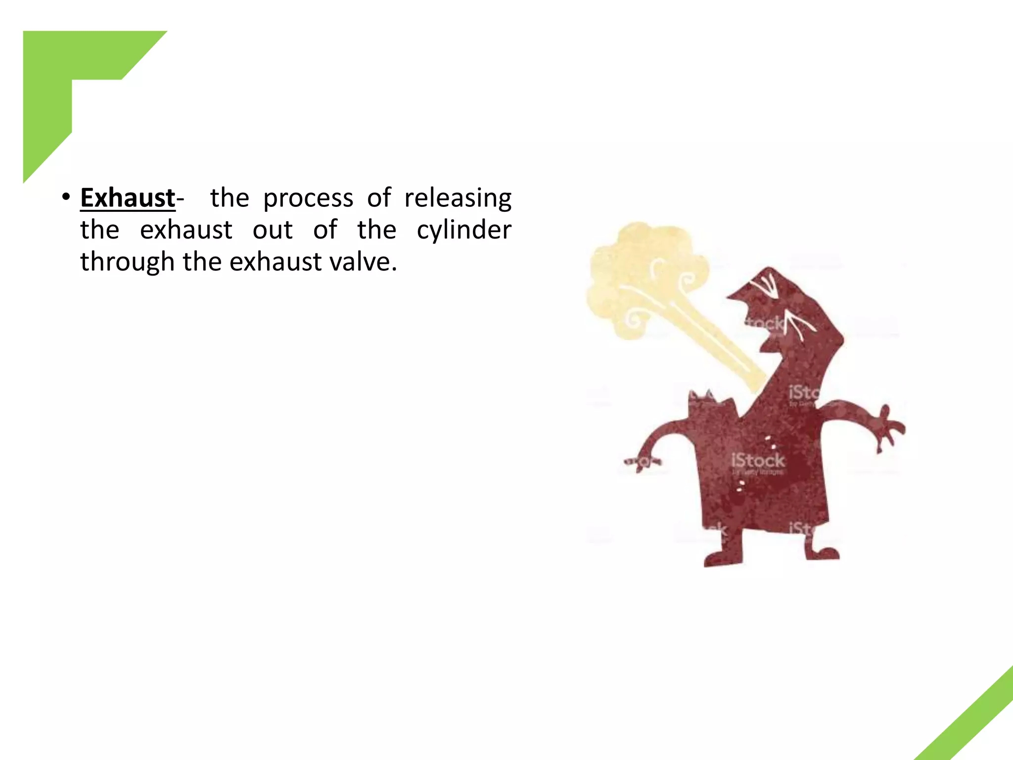 • Exhaust- the process of releasing
the exhaust out of the cylinder
through the exhaust valve.
 