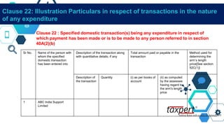 Clause 22: Illustration Particulars in respect of transactions in the nature
of any expenditure
Clause 22 : Specified domestic transaction(s) being any expenditure in respect of
which payment has been made or is to be made to any person referred to in section
40A(2)(b)
Sr No. Name of the person with
whom the specified
domestic transaction
has been entered into
Description of the transaction along
with quantitative details, if any
Total amount paid or payable in the
transaction
Method used for
determining the
arm’s length
price[See section
92C(1)]
Description of
the transaction
Quantity (i) as per books of
account
(ii) as computed
by the assessee
having regard to
the arm's length
price
1 ABC India Support
Limited
 