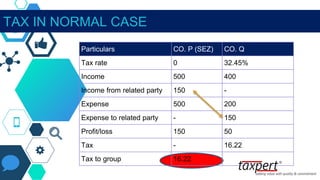 Particulars CO. P (SEZ) CO. Q
Tax rate 0 32.45%
Income 500 400
Income from related party 150 -
Expense 500 200
Expense to related party - 150
Profit/loss 150 50
Tax - 16.22
Tax to group 16.22
TAX IN NORMAL CASE
 