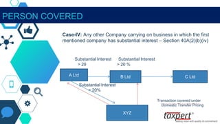 Case-IV: Any other Company carrying on business in which the first
mentioned company has substantial interest – Section 40A(2)(b)(iv)
Substantial Interest Substantial Interest
> 20 > 20 %
Substantial Interest
> 20%
Transaction covered under
Domestic Transfer Pricing
A Ltd B Ltd C Ltd
XYZ
PERSON COVERED
 