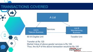 Good & Services
80 IA Eligible Unit Taxable Unit
Transfer at Rs 120
Market Value of above goods/ services is Rs 100
Thus, the ALP of the above transaction would be Rs 100
A Ltd
Unit A
Telecom Business
Unit B
Manufacturing
Business
TRANSACTIONS COVERED
 