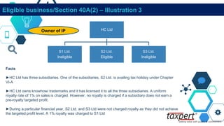 Eligible business/Section 40A(2) – Illustration 3
Facts
►HC Ltd has three subsidiaries. One of the subsidiaries, S2 Ltd. is availing tax holiday under Chapter
VI-A
►HC Ltd owns knowhow/ trademarks and it has licensed it to all the three subsidiaries. A uniform
royalty rate of 1% on sales is charged. However, no royalty is charged if a subsidiary does not earn a
pre-royalty targeted profit.
►During a particular financial year, S2 Ltd. and S3 Ltd were not charged royalty as they did not achieve
the targeted profit level. A 1% royalty was charged to S1 Ltd
HC Ltd
S1 Ltd.
Ineligible
S2 Ltd.
Eligible
S3 Ltd.
Ineligible
Owner of IP
 