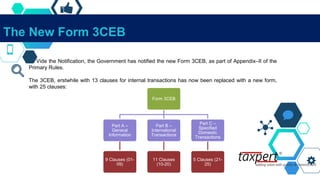 The New Form 3CEB
Vide the Notification, the Government has notified the new Form 3CEB, as part of Appendix–II of the
Primary Rules.
The 3CEB, erstwhile with 13 clauses for internal transactions has now been replaced with a new form,
with 25 clauses:
Form 3CEB
Part A –
General
Information
9 Clauses (01-
09)
Part B –
International
Transactions
11 Clauses
(10-20)
Part C –
Specified
Domestic
Transactions
5 Clauses (21-
25)
 
