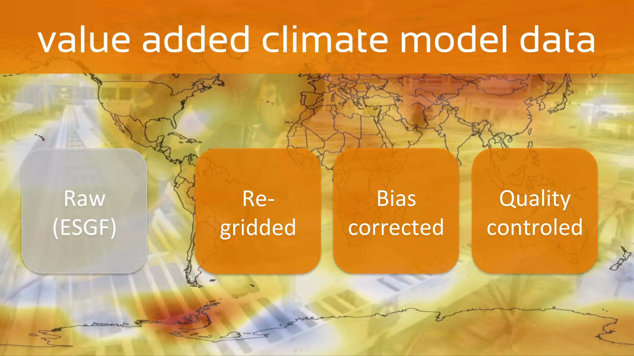 value added climate model data
Re-	
gridded	
Bias	
corrected	
Quality	
controled		
Raw	
(ESGF)	
 