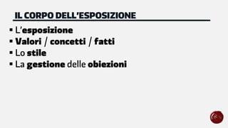 § L’esposizione
§ Valori / concetti / fatti
§ Lo stile
§ La gestione delle obiezioni
IL CORPO DELL’ESPOSIZIONE
 