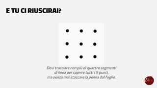 Devi tracciare non più di quattro segmenti
di linea per coprire tutti i 9 punti,
ma senza mai staccare la penna dal foglio.
E TU CI RIUSCIRAI?
 
