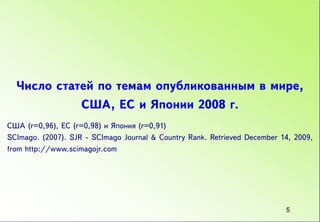 Число статей по темам опубликованным в мире,
                    США, ЕС и Японии 2008 г.
США (r=0,96), ЕС (r=0,98) и Япония (r=0,91)
SCImago. (2007). SJR - SCImago Journal & Country Rank. Retrieved December 14, 2009,
from http://www.scimagojr.com




                                                                           5
 