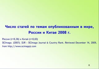 Число статей по темам опубликованным в мире,
                       России и Китае 2008 г.
Россия (r=0,36) и Китай (r=0,65)
SCImago. (2007). SJR - SCImago Journal & Country Rank. Retrieved December 14, 2009,
from http://www.scimagojr.com




                                                                           8
 