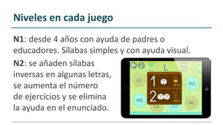 Niveles en cada juego
N1: desde 4 años con ayuda de padres o
educadores. Sílabas simples y con ayuda visual.
N2: se añaden sílabas
inversas en algunas letras,
se aumenta el número
de ejercicios y se elimina
la ayuda en el enunciado.
 