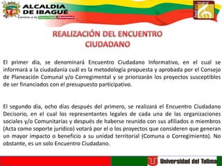 El primer día, se denominará Encuentro Ciudadano Informativo, en el cual se
informará a la ciudadanía cuál es la metodología propuesta y aprobada por el Consejo
de Planeación Comunal y/o Corregimental y se priorizarán los proyectos susceptibles
de ser financiados con el presupuesto participativo.
El segundo día, ocho días después del primero, se realizará el Encuentro Ciudadano
Decisorio, en el cual los representantes legales de cada una de las organizaciones
sociales y/o Comunitarias y después de haberse reunido con sus afiliados o miembros
(Acta como soporte jurídico) votará por el o los proyectos que consideren que generan
un mayor impacto o beneficio a su unidad territorial (Comuna o Corregimiento). No
obstante, es un solo Encuentro Ciudadano.
 