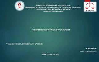 INTEGRANTE:
INFANTE MARIANGEL
05 DE ABRIL DE 2022
REPÚBLICA BOLIVARIANA DE VENEZUELA.
MINISTERIO DEL PODER POPULAR PARA LA EDUCACIÓN SUPERIOR.
UNIVERSIDAD BICENTENARIA DE ARAGUA.
TURMERO EDO- ARAGUA.
Profesor(a): HENRY JESUS BOLIVAR CASTILLO
LOS DIFERENTES SOFTWARE O APLICACIONES
 