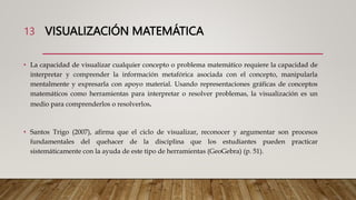 VISUALIZACIÓN MATEMÁTICA
• La capacidad de visualizar cualquier concepto o problema matemático requiere la capacidad de
interpretar y comprender la información metafórica asociada con el concepto, manipularla
mentalmente y expresarla con apoyo material. Usando representaciones gráficas de conceptos
matemáticos como herramientas para interpretar o resolver problemas, la visualización es un
medio para comprenderlos o resolverlos.
• Santos Trigo (2007), afirma que el ciclo de visualizar, reconocer y argumentar son procesos
fundamentales del quehacer de la disciplina que los estudiantes pueden practicar
sistemáticamente con la ayuda de este tipo de herramientas (GeoGebra) (p. 51).
13
 
