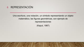 REPRESENTACIÓN
Una escritura, una notación, un símbolo representando un objeto
matemático, las figuras geométricas, son ejemplo de
representaciones
(Kaput, 1987)
6
 