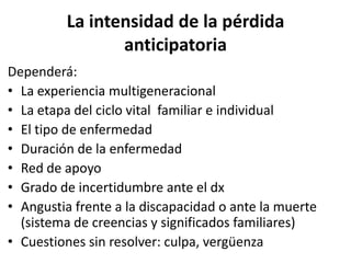 La intensidad de la pérdida
anticipatoria
Dependerá:
• La experiencia multigeneracional
• La etapa del ciclo vital familiar e individual
• El tipo de enfermedad
• Duración de la enfermedad
• Red de apoyo
• Grado de incertidumbre ante el dx
• Angustia frente a la discapacidad o ante la muerte
(sistema de creencias y significados familiares)
• Cuestiones sin resolver: culpa, vergüenza
 