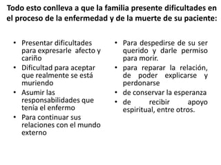 Todo esto conlleva a que la familia presente dificultades en
el proceso de la enfermedad y de la muerte de su paciente:
• Presentar dificultades
para expresarle afecto y
cariño
• Dificultad para aceptar
que realmente se está
muriendo
• Asumir las
responsabilidades que
tenía el enfermo
• Para continuar sus
relaciones con el mundo
externo
• Para despedirse de su ser
querido y darle permiso
para morir.
• para reparar la relación,
de poder explicarse y
perdonarse
• de conservar la esperanza
• de recibir apoyo
espiritual, entre otros.
 