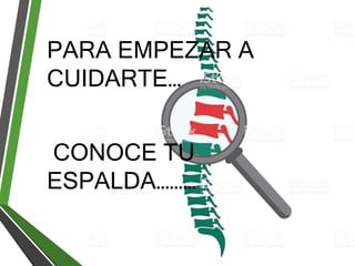PARA EMPEZAR A
CUIDARTE…
CONOCE TU
ESPALDA………
 