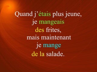 je mangeais
je mange
des frites,
de la salade.
Quand j’étais plus jeune,
mais maintenant
 