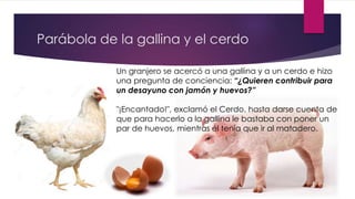Parábola de la gallina y el cerdo
Un granjero se acercó a una gallina y a un cerdo e hizo
una pregunta de conciencia: “¿Quieren contribuir para
un desayuno con jamón y huevos?”
"¡Encantado!", exclamó el Cerdo, hasta darse cuenta de
que para hacerlo a la gallina le bastaba con poner un
par de huevos, mientras él tenía que ir al matadero.
 