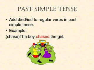 PAST SIMPLE TENSE
• Add d/ed/ied to regular verbs in past
simple tense.
• Example:
(chase)The boy chased the girl.

 