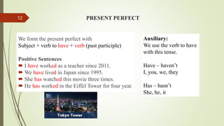 PRESENT PERFECT
We form the present perfect with
Subject + verb to have + verb (past participle)
Positive Sentences
 I have worked as a teacher since 2011.
 We have lived in Japan since 1995.
 She has watched this movie three times.
 He has worked in the Eiffel Tower for four year.
Auxiliary:
We use the verb to have
with this tense.
Have – haven’t
I, you, we, they
Has – hasn’t
She, he, it
12
 