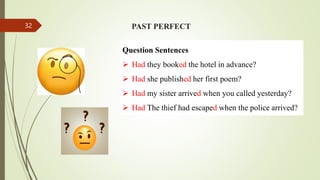 PAST PERFECT
Question Sentences
 Had they booked the hotel in advance?
 Had she published her first poem?
 Had my sister arrived when you called yesterday?
 Had The thief had escaped when the police arrived?
32
 