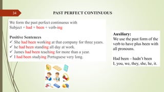 PAST PERFECT CONTINUOUS
We form the past perfect continuous with
Subject + had + been + verb-ing
Positive Sentences
 She had been working at that company for three years.
 he had been standing all day at work.
 James had been teaching for more than a year.
 I had been studying Portuguese very long.
Auxiliary:
We use the past form of the
verb to have plus been with
all pronouns.
Had been – hadn’t been
I, you, we, they, she, he, it.
34
 