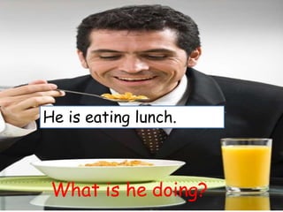 What is he doing?
He is eating lunch.
 