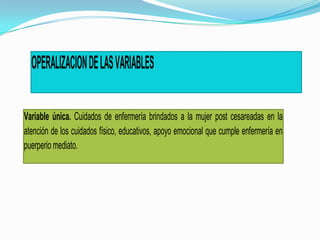 OPERALIZACION DE LAS VARIABLES

Variable única. Cuidados de enfermería brindados a la mujer post cesareadas en la
atención de los cuidados físico, educativos, apoyo emocional que cumple enfermería en
puerperio mediato.
 