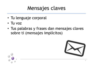 Mensajes claves
• Tu lenguaje corporal
• Tu voz
• Tus palabras y frases dan mensajes claves
sobre ti (mensajes implícitos)
6
 