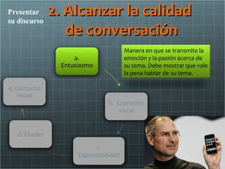 Presentar
su discurso
              2. Alcanzar la calidad
                 de conversación
                         Manera en que se transmite la
                         emoción y la pasión acerca de
                         su tema. Debe mostrar que vale
                         la pena hablar de su tema.
 