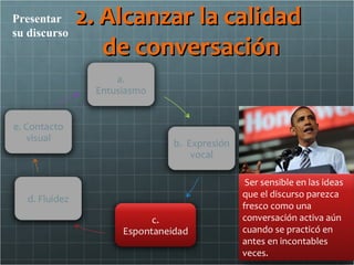Presentar
su discurso
              2. Alcanzar la calidad
                 de conversación




                               Ser sensible en las ideas
                              que el discurso parezca
                              fresco como una
                              conversación activa aún
                              cuando se practicó en
                              antes en incontables
                              veces.
 