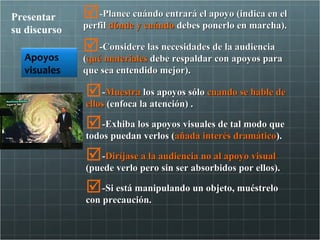 Presentar     -Planee cuándo entrará el apoyo (indica en el
su discurso   perfil dónde y cuándo debes ponerlo en marcha).

              -Considere las necesidades de la audiencia
  Apoyos      (qué materiales debe respaldar con apoyos para
  visuales    que sea entendido mejor).

              -Muestra los apoyos sólo cuando se hable de
              ellos (enfoca la atención) .

              -Exhiba los apoyos visuales de tal modo que
              todos puedan verlos (añada interés dramático).

              -Diríjase a la audiencia no al apoyo visual
              (puede verlo pero sin ser absorbidos por ellos).

              -Si está manipulando un objeto, muéstrelo
              con precaución.
 