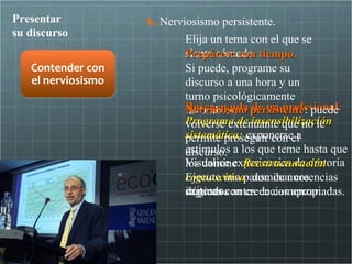 Presentar           b. Nerviosismo persistente.
su discurso
                            Elija un tema con el que se
                            sienta cómodo. tiempo.
                            Prepárese con
   Contender con            Si puede, programe su
   el nerviosismo           discurso a una hora y un
                            turno psicológicamente
                            Busca ayuda persistente: puede
                            favorables. de un profesional.
                            Nerviosismo persistente
                            Programa de insensibilización
                            volverse extenuante que no le
                            sistemática: exponerseel
                            permite proseguir con a
                            estímulos a los que teme hasta que
                            discurso.
                            Visualice experiencias de oratoria
                            los domine. Reestructuración
                            cognoscitiva: dominar creencias
                            Ejecute una pausa de unos
                            cognoscitiva
                            exitosas. antes de comenzar.
                            ilógicas con creencias apropiadas.
                            segundos
 