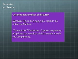 Presentar
su discurso

        Criterios para evaluar el discurso
        Criterios para evaluar el discurso

        Ejercicio: Figura 16.5 pag. 396, capítulo 16,
        Ejercicio: Figura 16.5 pag. 396, capítulo 16,
        Hablar en Público..
        Hablar en Público

        “Comunícate” Verderber. Copia el esquema y
        “Comunícate” Verderber. Copia el esquema y
        prepárate para evaluar el discurso de uno de
        prepárate para evaluar el discurso de uno de
        tus compañeros.
        tus compañeros.
 