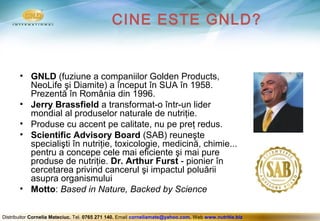 CINE ESTE GNLD?


       • GNLD (fuziune a companiilor Golden Products,
         NeoLife şi Diamite) a început în SUA în 1958.
         Prezentă în România din 1996.
       • Jerry Brassfield a transformat-o într-un lider
         mondial al produselor naturale de nutriţie.
       • Produse cu accent pe calitate, nu pe preţ redus.
       • Scientific Advisory Board (SAB) reuneşte
         specialişti în nutriţie, toxicologie, medicină, chimie...
         pentru a concepe cele mai eficiente şi mai pure
         produse de nutriţie. Dr. Arthur Furst - pionier în
         cercetarea privind cancerul şi impactul poluării
         asupra organismului
       • Motto: Based in Nature, Backed by Science


Distribuitor Cornelia Mateciuc. Tel. 0765 271 140. Email corneliamate@yahoo.com. Web www.nutritie.biz
 