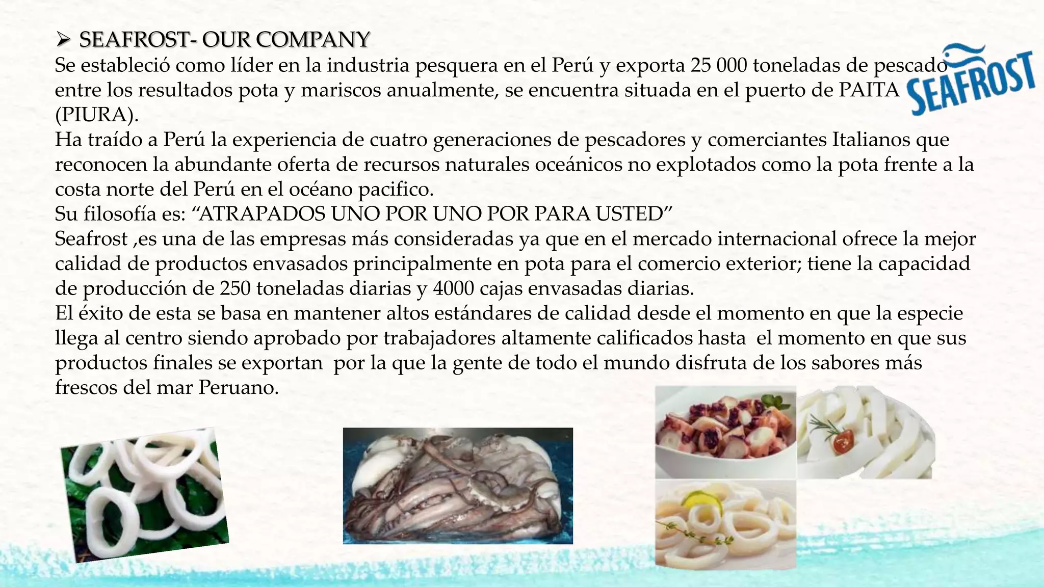  SEAFROST- OUR COMPANY
Se estableció como líder en la industria pesquera en el Perú y exporta 25 000 toneladas de pescado
entre los resultados pota y mariscos anualmente, se encuentra situada en el puerto de PAITA
(PIURA).
Ha traído a Perú la experiencia de cuatro generaciones de pescadores y comerciantes Italianos que
reconocen la abundante oferta de recursos naturales oceánicos no explotados como la pota frente a la
costa norte del Perú en el océano pacifico.
Su filosofía es: “ATRAPADOS UNO POR UNO POR PARA USTED”
Seafrost ,es una de las empresas más consideradas ya que en el mercado internacional ofrece la mejor
calidad de productos envasados principalmente en pota para el comercio exterior; tiene la capacidad
de producción de 250 toneladas diarias y 4000 cajas envasadas diarias.
El éxito de esta se basa en mantener altos estándares de calidad desde el momento en que la especie
llega al centro siendo aprobado por trabajadores altamente calificados hasta el momento en que sus
productos finales se exportan por la que la gente de todo el mundo disfruta de los sabores más
frescos del mar Peruano.
 