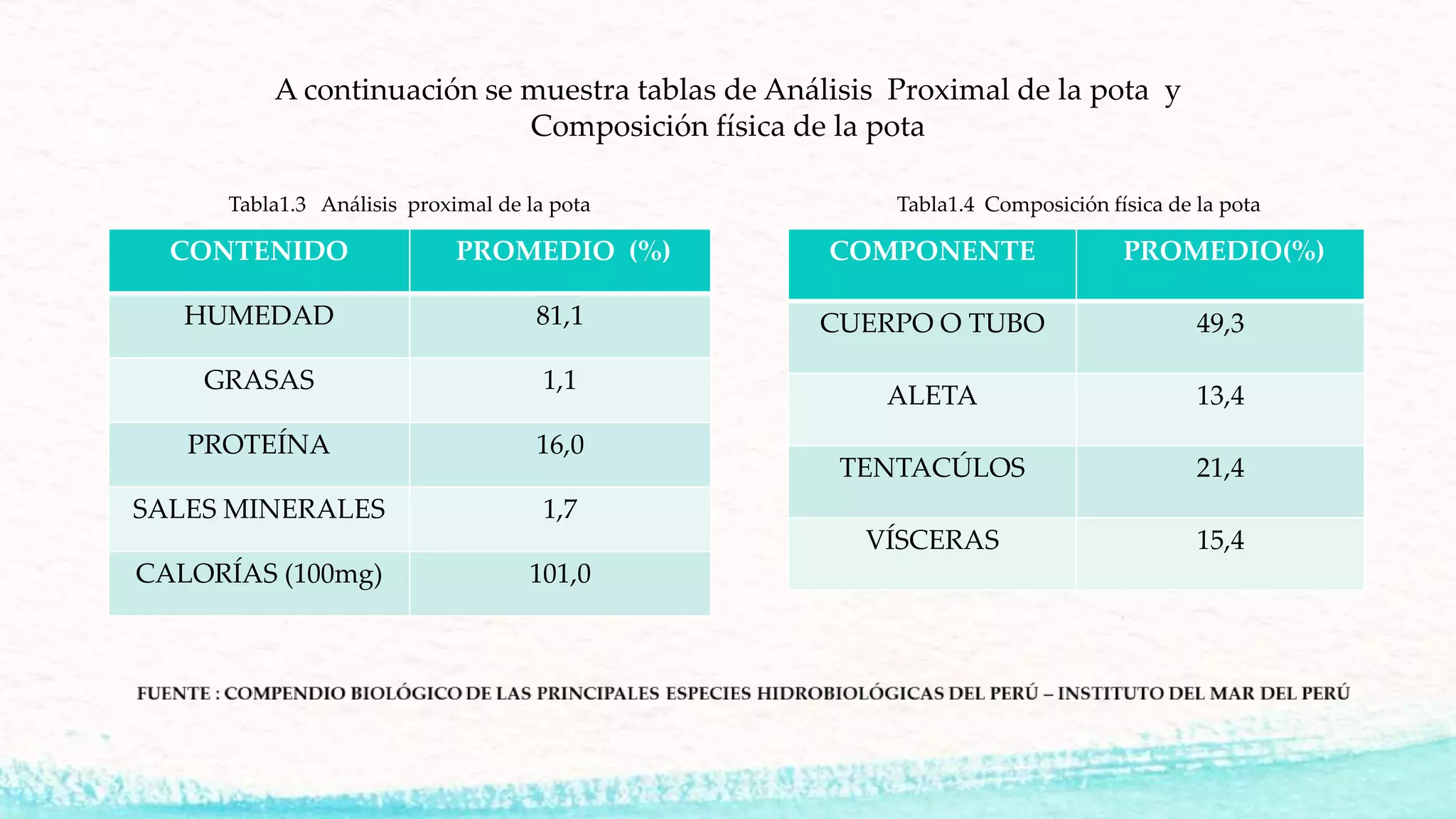 A continuación se muestra tablas de Análisis Proximal de la pota y
Composición física de la pota
CONTENIDO PROMEDIO (%)
HUMEDAD 81,1
GRASAS 1,1
PROTEÍNA 16,0
SALES MINERALES 1,7
CALORÍAS (100mg) 101,0
COMPONENTE PROMEDIO(%)
CUERPO O TUBO 49,3
ALETA 13,4
TENTACÚLOS 21,4
VÍSCERAS 15,4
Tabla1.3 Análisis proximal de la pota Tabla1.4 Composición física de la pota
 