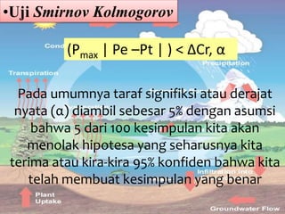 •Uji Smirnov Kolmogorov
(Pmax | Pe –Pt | ) < ΔCr, α
Pada umumnya taraf signifiksi atau derajat
nyata (α) diambil sebesar 5% dengan asumsi
bahwa 5 dari 100 kesimpulan kita akan
menolak hipotesa yang seharusnya kita
terima atau kira-kira 95% konfiden bahwa kita
telah membuat kesimpulan yang benar
 