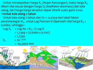 Periode
Ulang (T)
KTr Log Xo
Logaritma
Hujan
Rancangan
Hujan
Rancangan,
XT
2 0,0060 1,7349 1,7356 54,3950
5 0,8399 1,7349 1,8274 67,2004
10 1,2778 1,7349 1,8756 75,0904
25 1,7386 1,7349 1,9263 84,3972
50 2,0349 1,7349 1,9590 90,9809
100 2,2998 1,7349 1,9881 97,3016
Untuk mendapatkan harga XT (Hujan Rancangan), maka harga KTr
diberi nilai sesuai dengan harga Cs (koefisien skewness) dan kala
ulang, dari harga-harga tersebut dapat ditarik suatu garis lurus.
•Untuk kala ulang 2 tahun
Untuk kala ulang 2 tahun dan Cs = -0,0354 dari tabel faktor
penyimpangan KTr untuk Log Pearson III diperoleh nilai harga KTr =
0,0060, sehingga :
Log XT = Log Xo + KTr . S Log X
= 1,7349 + (0,0060 x 0,1101)
= 1,7356
XT = 10 1,7356
= 54,3950 mm
 
