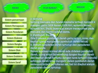 Sistem pencernaan   2. Jantung
                    Jantung manusia dan hewan mamalia terbagi menjadi 4
Sistem Pernapasan   ruangan yaitu: bilik kanan, bilik kiri, serambi kanan,
                    serambi kiri. Pada dasarnya sistem transportasi pada
Sistem Peredaran    manusia dan hewan adalah sama.
                    3. Pembuluh Darah
 Sistem Ekskresi    Ada 3 macam pembuluh darah yaitu: arteri, vena, dan
                    kapiler (yang merupakan pembuluh darah halus)
  Sistem Rangka     4. Sistem peredaran darah tertutup dan peredaran
                    darah ganda
   Sistem Otot      Dalam keadaan normal darah ada didalam pembuluh
                    darah, ujung arteri bersambung dengan kapiler darah
 Sistem Endokrin
                    dan kapiler darah bertemu dengan vena terkecil (venula)
   Sistem Saraf
                    sehingga darah tetap mengalir dalam pembuluh darah
                    walaupun terjadi pertukaran zat, hal ini disebut sistem
                    peredaran darah tertutup.
 