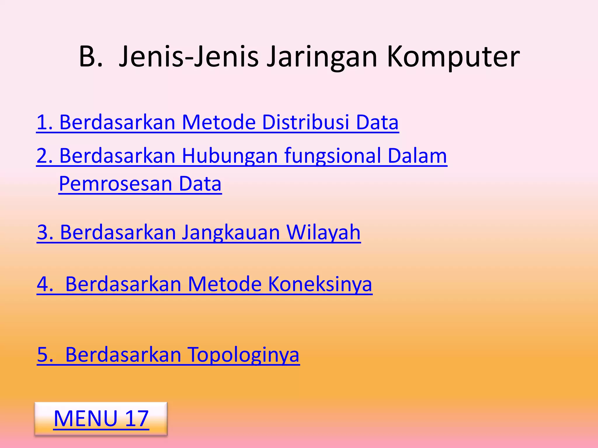 B. Jenis-Jenis Jaringan Komputer
1. Berdasarkan Metode Distribusi Data
2. Berdasarkan Hubungan fungsional Dalam
   Pemrosesan Data

3. Berdasarkan Jangkauan Wilayah

4. Berdasarkan Metode Koneksinya


5. Berdasarkan Topologinya

 MENU 17
 
