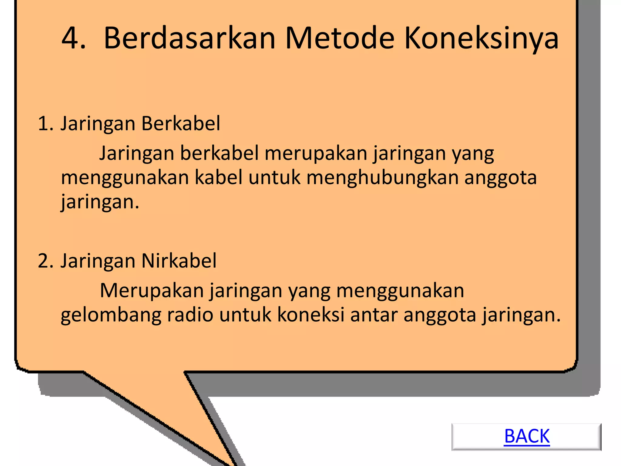 4. Berdasarkan Metode Koneksinya

1. Jaringan Berkabel
        Jaringan berkabel merupakan jaringan yang
   menggunakan kabel untuk menghubungkan anggota
   jaringan.

2. Jaringan Nirkabel
        Merupakan jaringan yang menggunakan
   gelombang radio untuk koneksi antar anggota jaringan.




                                                 BACK
 