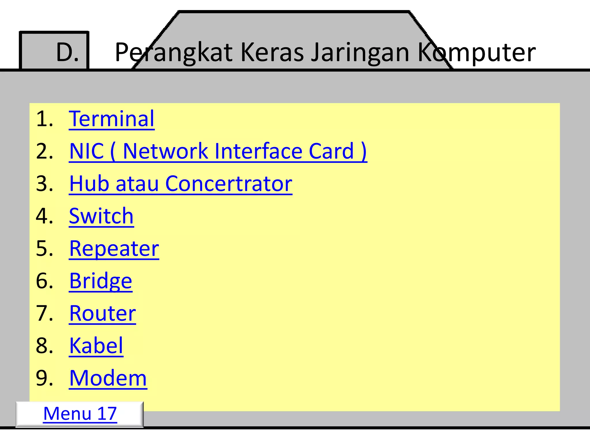 D.   Perangkat Keras Jaringan Komputer

1.    Terminal
2.    NIC ( Network Interface Card )
3.    Hub atau Concertrator
4.    Switch
5.    Repeater
6.    Bridge
7.    Router
8.    Kabel
9.    Modem
Menu 17
 