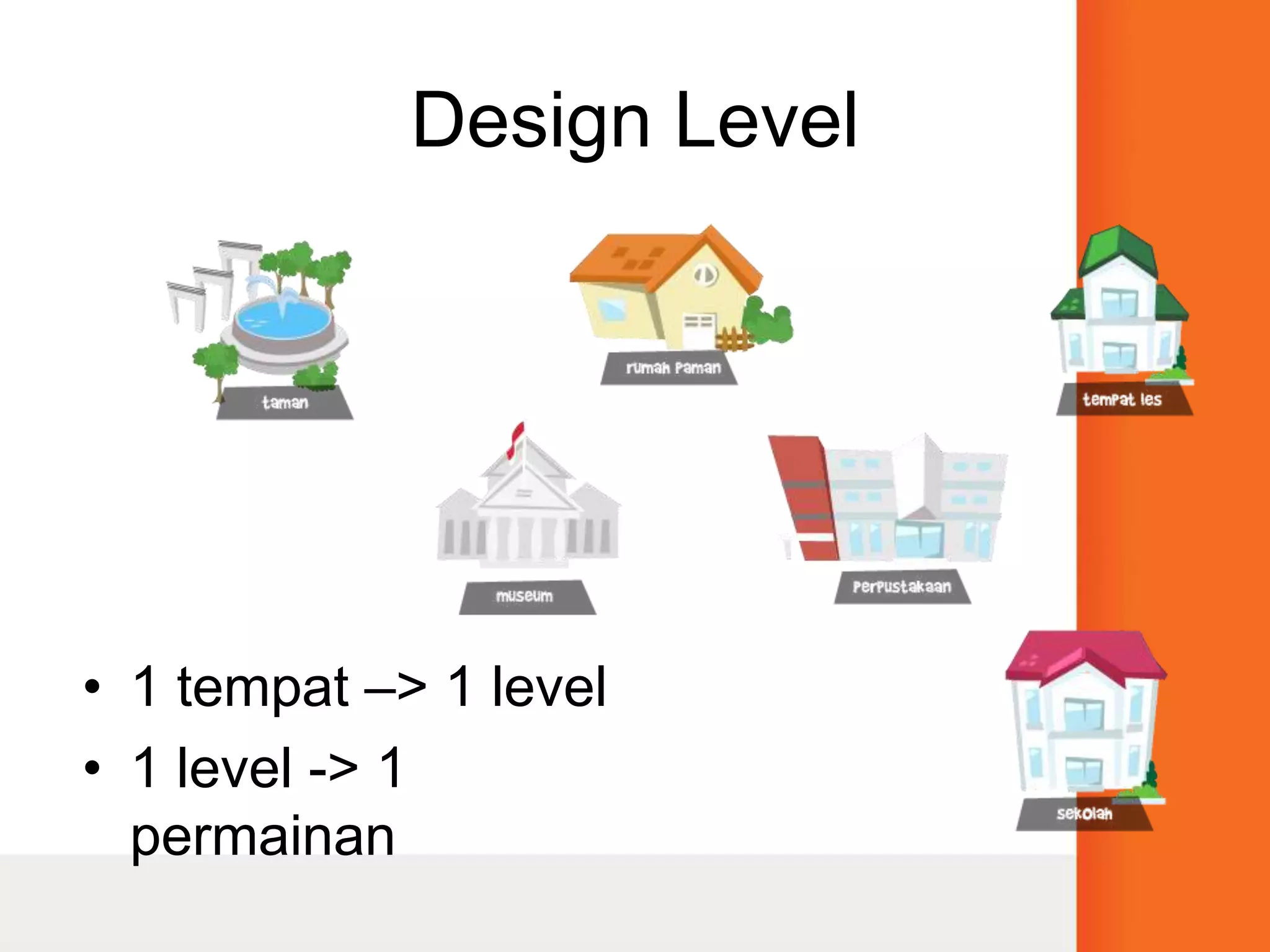 Design Level1 tempat –> 1 level1 level -> 1 permainan